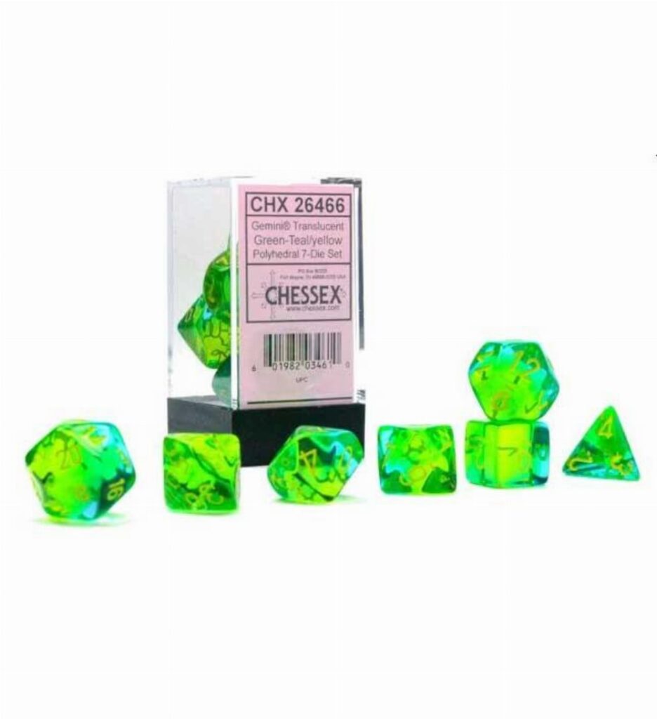 Σετ Ζάρια - 7 Dice Set Gemini Translucent Polyhedral Green-Teal with Yellow